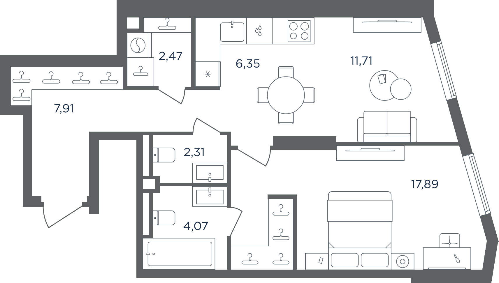 Планировка: Евродвушка 52,7 м² в ЖК «Сикрет Гарден»
