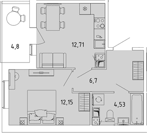 Планировка: 1-комнатная квартира 36,1 м² в ЖК «Ю Гатчина»