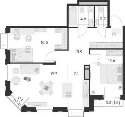 Планировка: Евротрёшка 75,6 м² в ЖК «Михалевич»