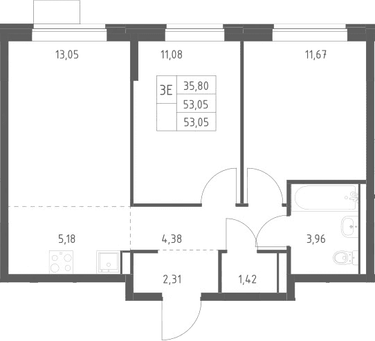 Планировка: Евротрёшка 53,1 м² в ЖК «Молжаниново»