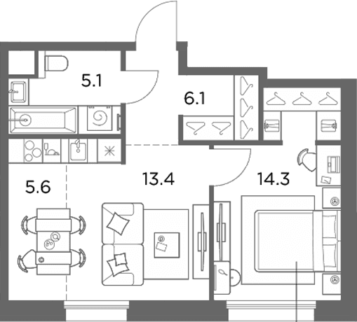 Планировка: 1-комнатная квартира 44,5 м² в ЖК «Станиславский»