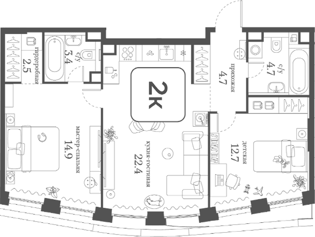 Планировка: 2-комнатная квартира 65,3 м² в ЖК «Муза»