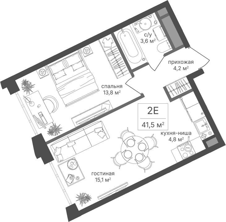 Планировка: Евродвушка 41,5 м² в ЖК «Михалковский»