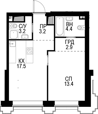 Планировка: 1-комнатная квартира 44,6 м² в ЖК «Высотка на Жукова»