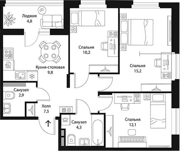Планировка: 3-комнатная квартира 62 м² в ЖК «Экография»