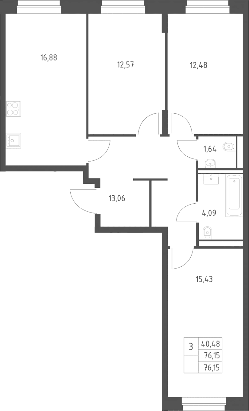 Планировка: 3-комнатная квартира 76,2 м² в ЖК «Квартал Строгино»