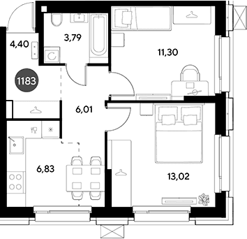 Планировка: 2-комнатная квартира 45,4 м² в ЖК «ЭВО»