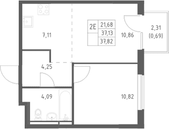 Планировка: Евродвушка 37,1 м² в ЖК «Мытищи Парк»