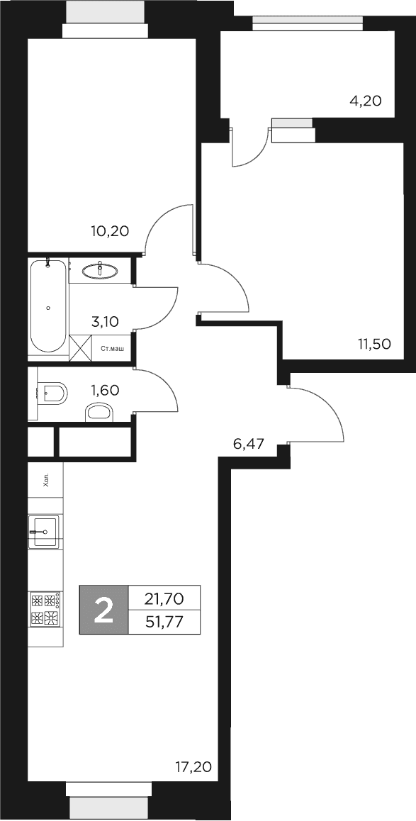 Планировка: Евротрёшка 50,1 м² в ЖК «Восток 2»
