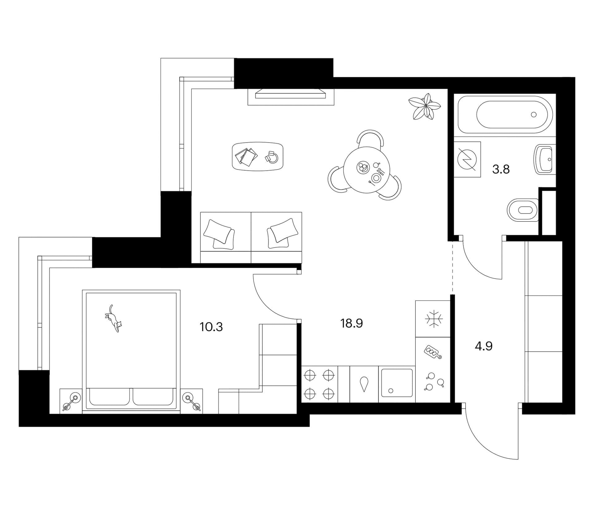 Планировка: 1-комнатная квартира 37,9 м² в ЖК «Москворечье»