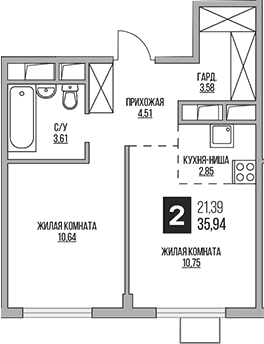Планировка: Евродвушка 35,9 м² в ЖК «Гранель Аникеевский»