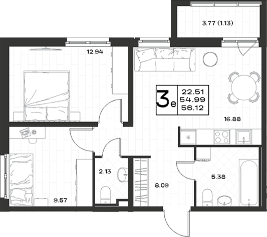 Планировка: Евротрёшка 55 м² в ЖК «Имена»
