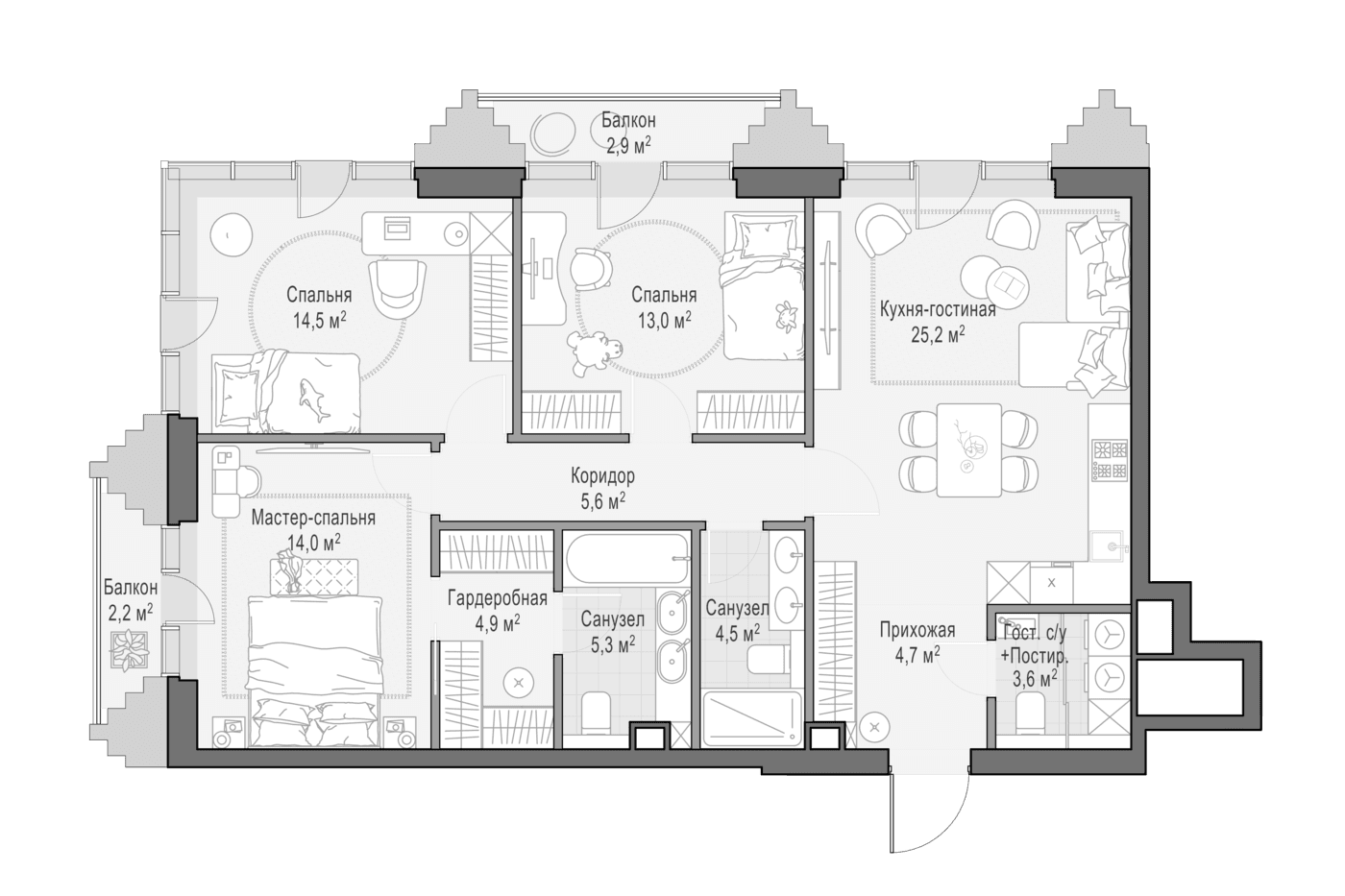 Планировка: Квартира евро-4 95,3 м² в ЖК «Квартал Тишинский бульвар»