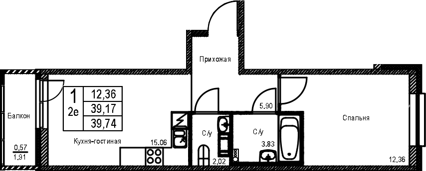 Планировка: Евродвушка 39,2 м² в ЖК «ID Kudrovo II»