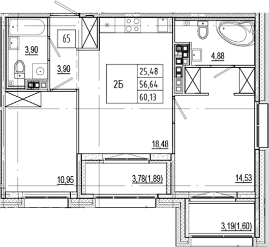 Планировка: Евротрёшка 56,6 м² в ЖК «Ranta Residence»
