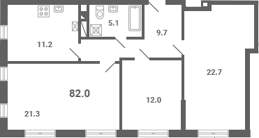 Планировка: 3-комнатная квартира 82 м² в ЖК «Южная Долина»