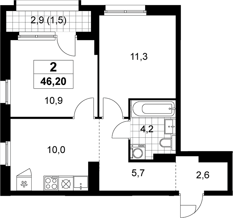 Планировка: 2-комнатная квартира 44,7 м² в ЖК «Прокшино»