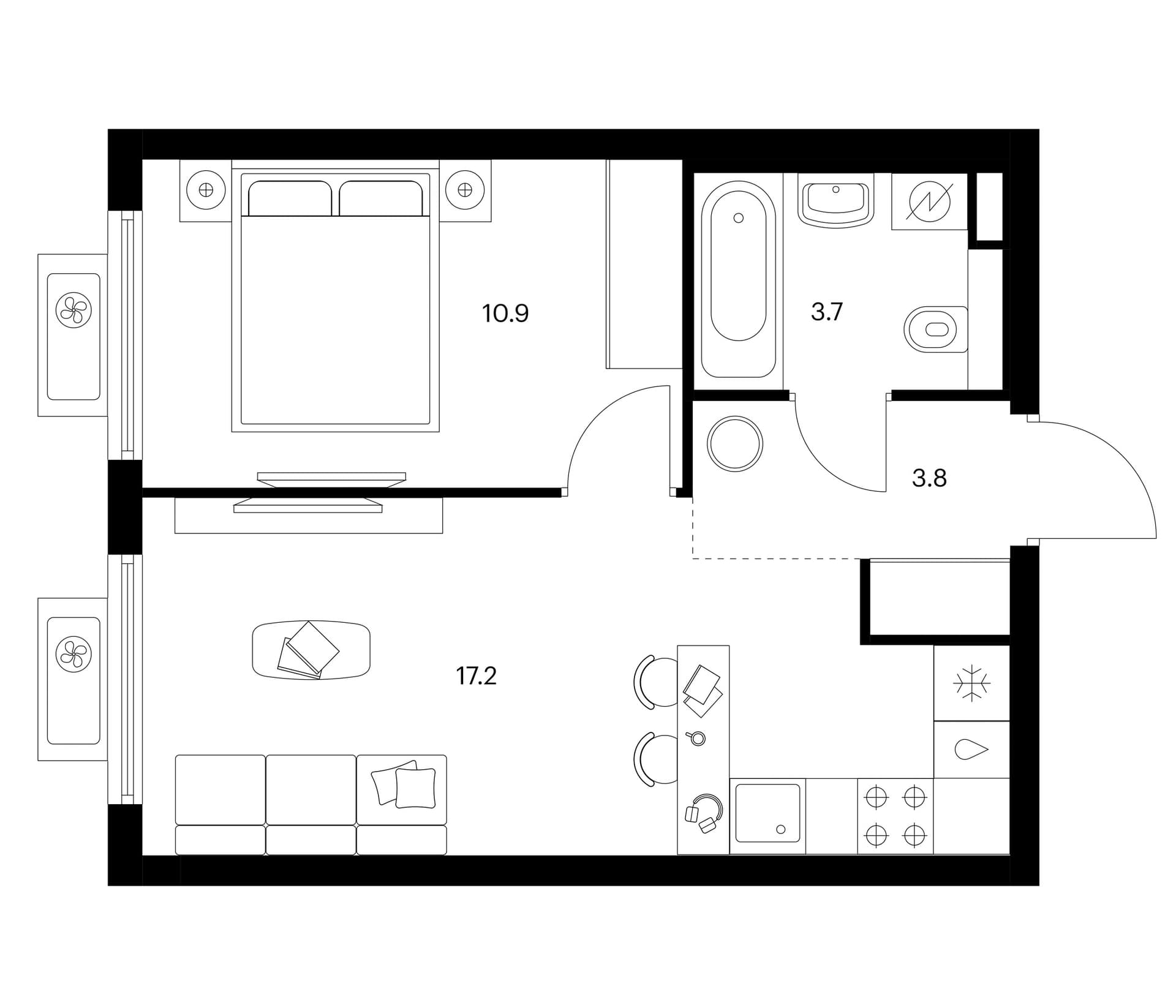 Планировка: 1-комнатная квартира 35,6 м² в ЖК «Белая Дача парк»
