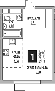 Планировка: Студия 29,1 м² в ЖК «Гранель Мытищи»