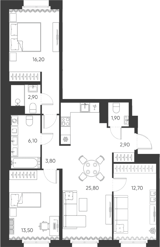 Планировка: Квартира евро-4 85,8 м² в ЖК «Моисеенко, 10»