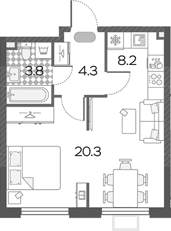 Планировка: Студия 36,6 м² в ЖК «Лучи»