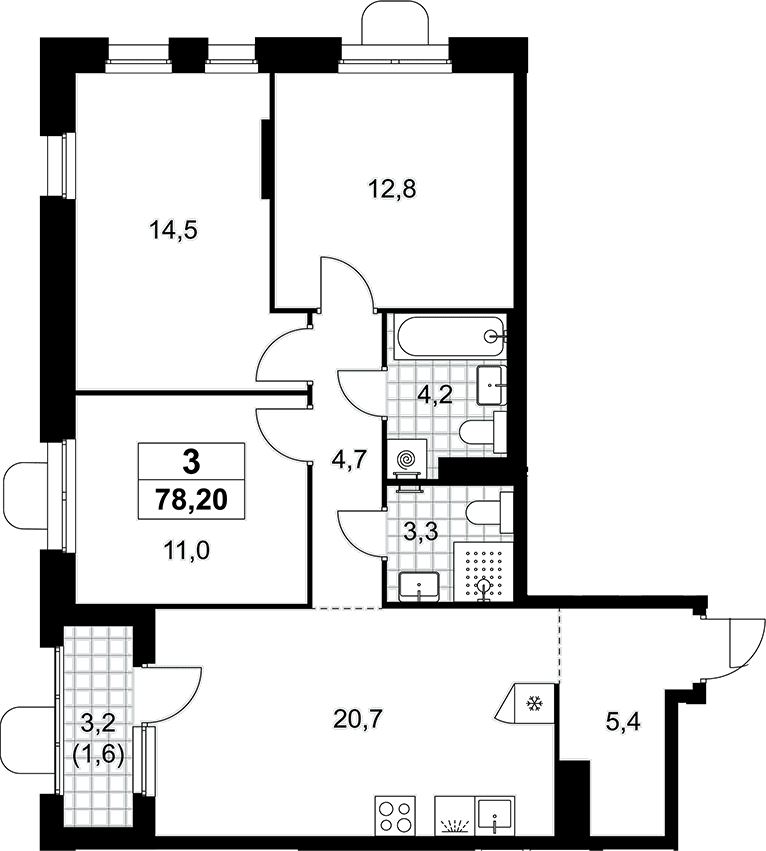 Планировка: Квартира евро-4 76,6 м² в ЖК «Прокшино»