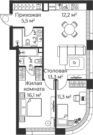 Планировка: Евротрёшка 65,5 м² в ЖК «Веер»