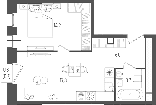 Планировка: Евродвушка 41,7 м² в ЖК «Пейв»