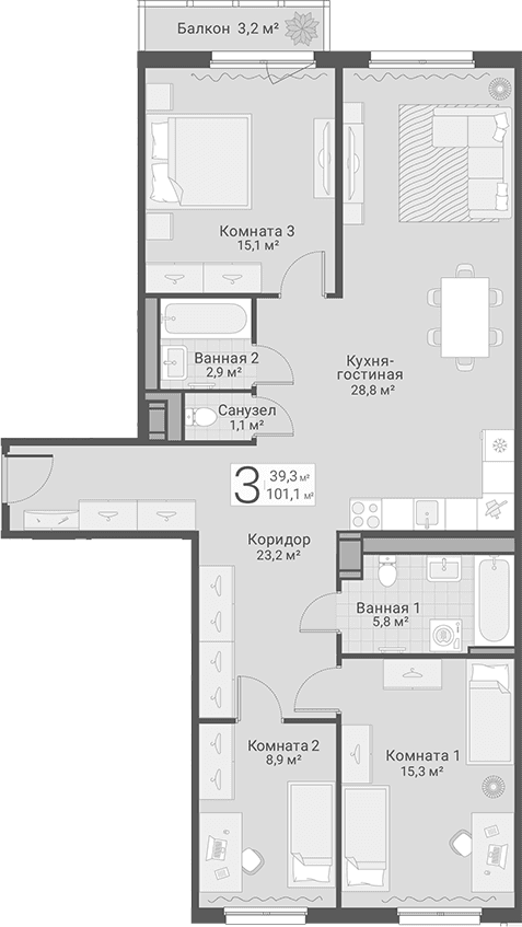Планировка: Квартира евро-4 101,1 м² в ЖК «Руднева, 15»