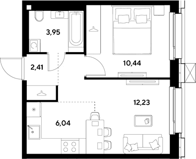 Планировка: Евродвушка 35,1 м² в ЖК «ЭВО»