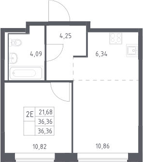 Планировка: Евродвушка 36,4 м² в ЖК «Прибрежный Парк»