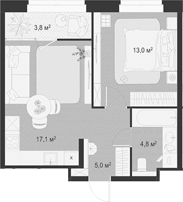 Планировка: Евродвушка 39,9 м² в ЖК «Гранд Комфорт 3»