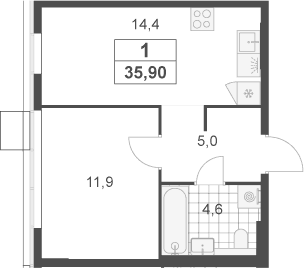 Планировка: 1-комнатная квартира 35,9 м² в ЖК «Южные сады»