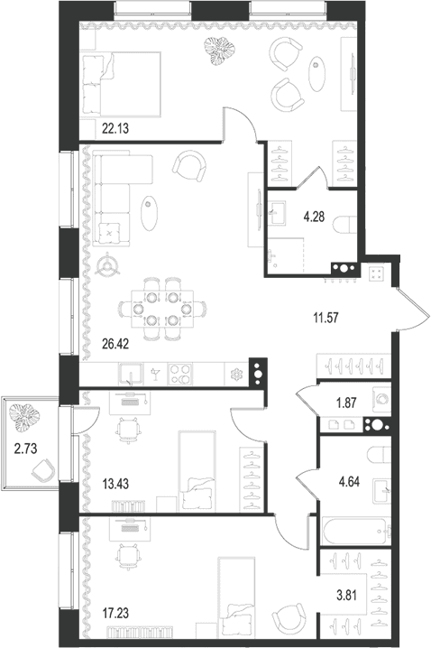 Планировка: Квартира евро-4 102,7 м² в ЖК «Остров Первых»