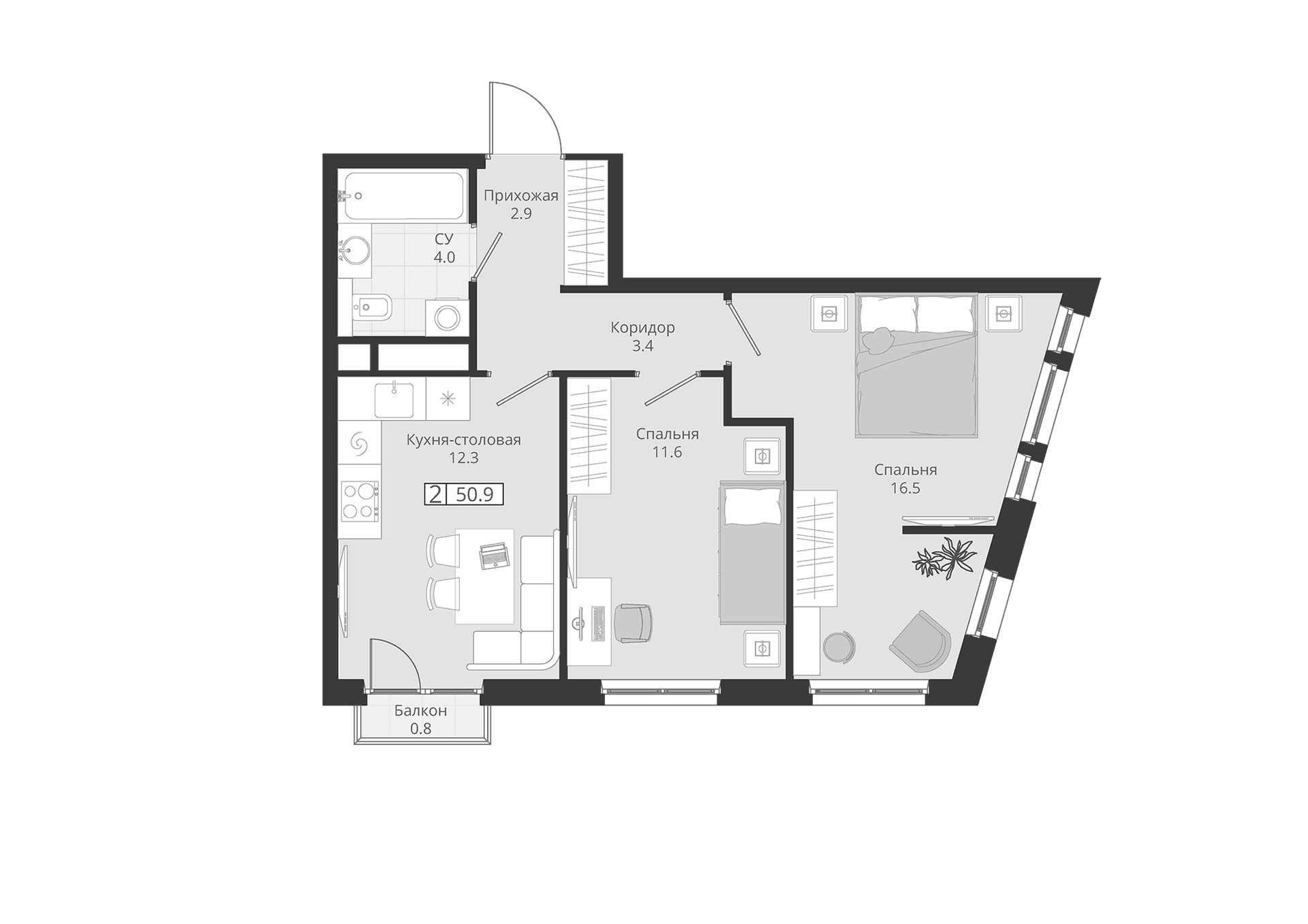 Планировка: Евротрёшка 50,7 м² в ЖК «ГРЭЙ»