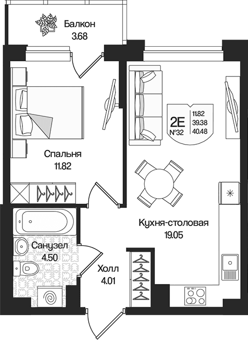 Планировка: Евродвушка 39,4 м² в ЖК «Охтинские высоты»