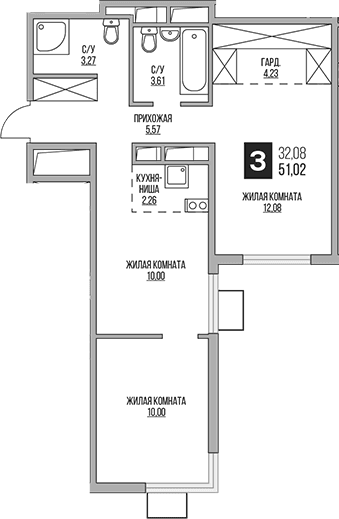 Планировка: Евротрёшка 51 м² в ЖК «Гранель Аникеевский»