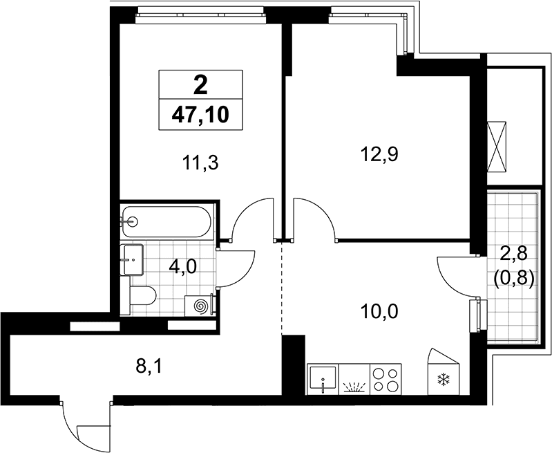 Планировка: 2-комнатная квартира 46,3 м² в ЖК «Деснаречье»