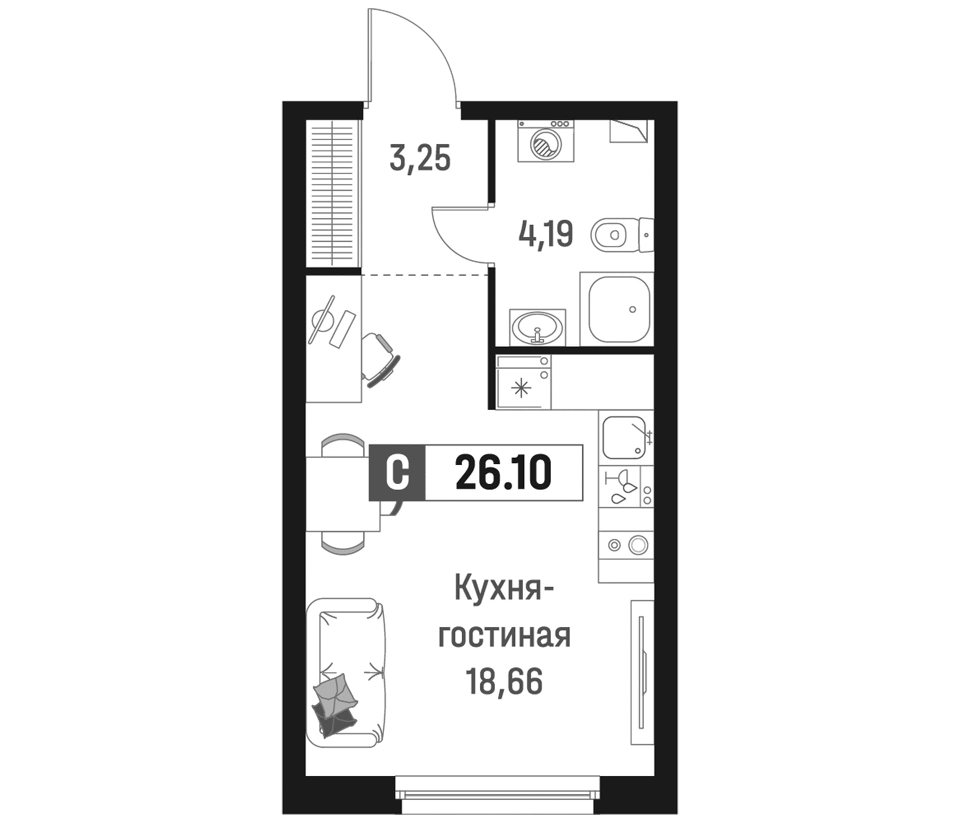 Планировка: Студия 26,1 м² в ЖК «Максималист»