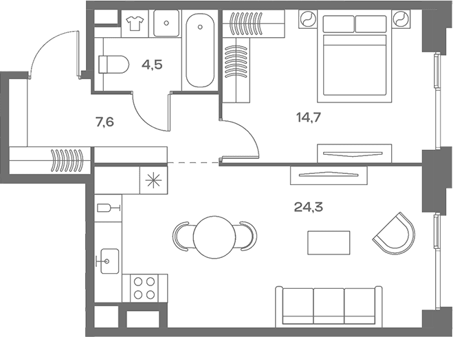 Планировка: Евродвушка 51,1 м² в ЖК «СОУЛ»