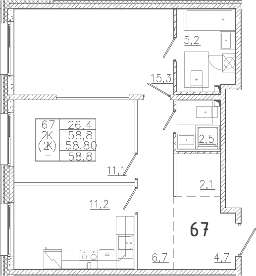 Планировка: 2-комнатная квартира 58,8 м² в ЖК «Лисино»