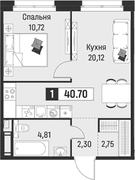 Планировка: Евродвушка 40,7 м² в ЖК «Символист»
