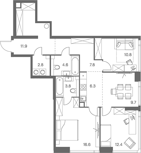 Планировка: Квартира евро-4 86,7 м² в ЖК «ЛОТ от Аквилон»
