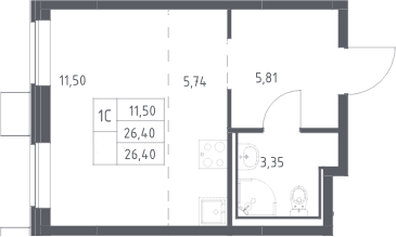 Планировка: Студия 26,4 м² в ЖК «Прибрежный Парк»