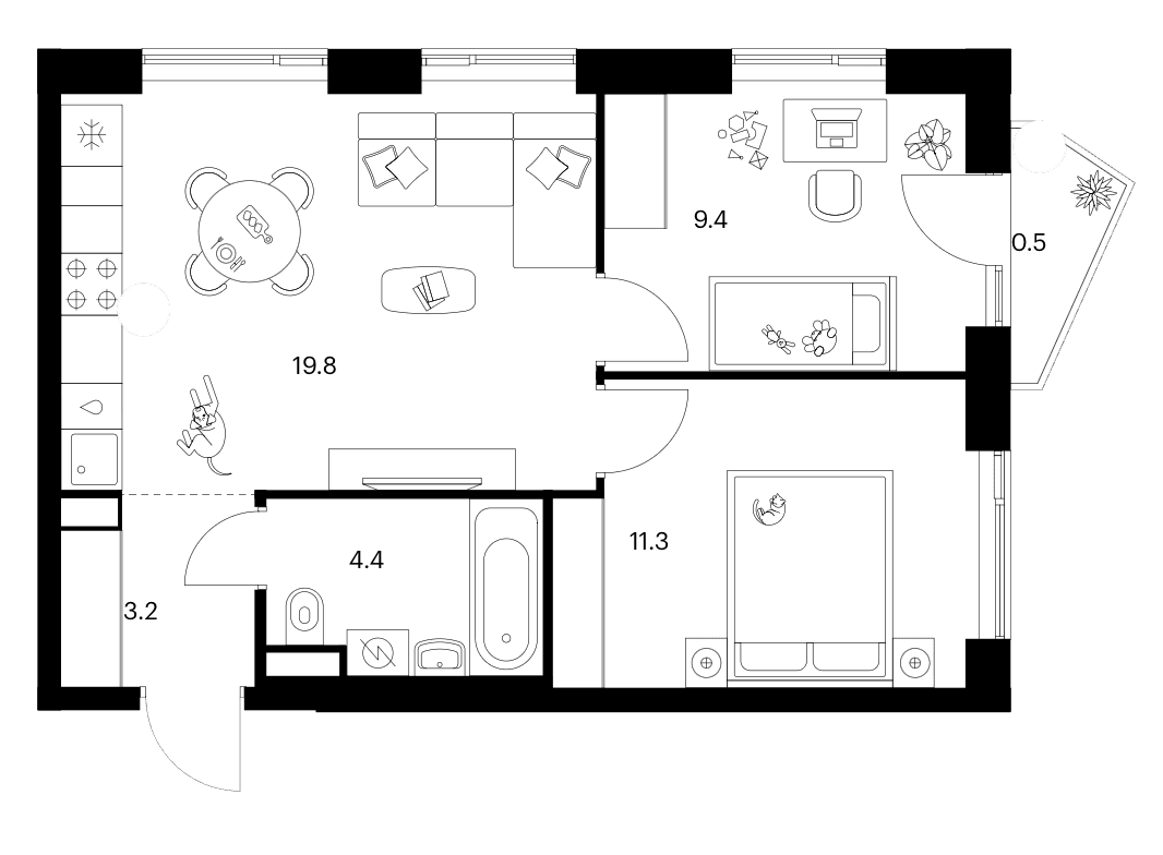Планировка: 2-комнатная квартира 48,1 м² в ЖК «Мичуринский парк»