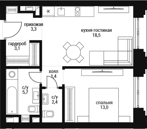 Планировка: Евродвушка 47,4 м² в ЖК «Шелепиха»