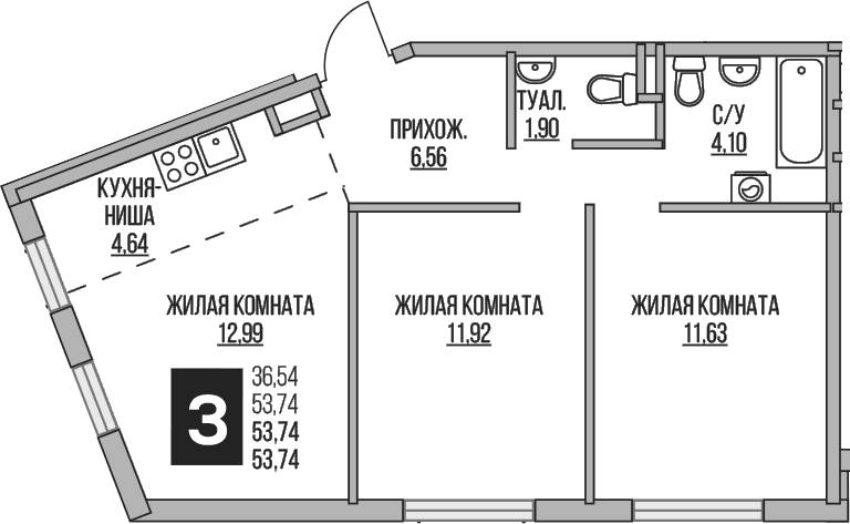 Планировка: Евротрёшка 53,7 м² в ЖК «Гранель Аникеевский»