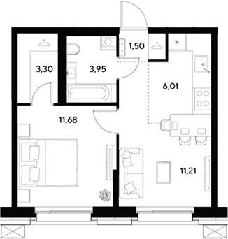 Планировка: Евродвушка 37,7 м² в ЖК «ЭВО»