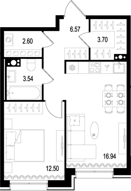 Планировка: Евродвушка 45,9 м² в ЖК «Остров Первых»