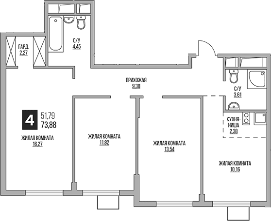 Планировка: Квартира евро-4 73,9 м² в ЖК «Гранель Аникеевский»